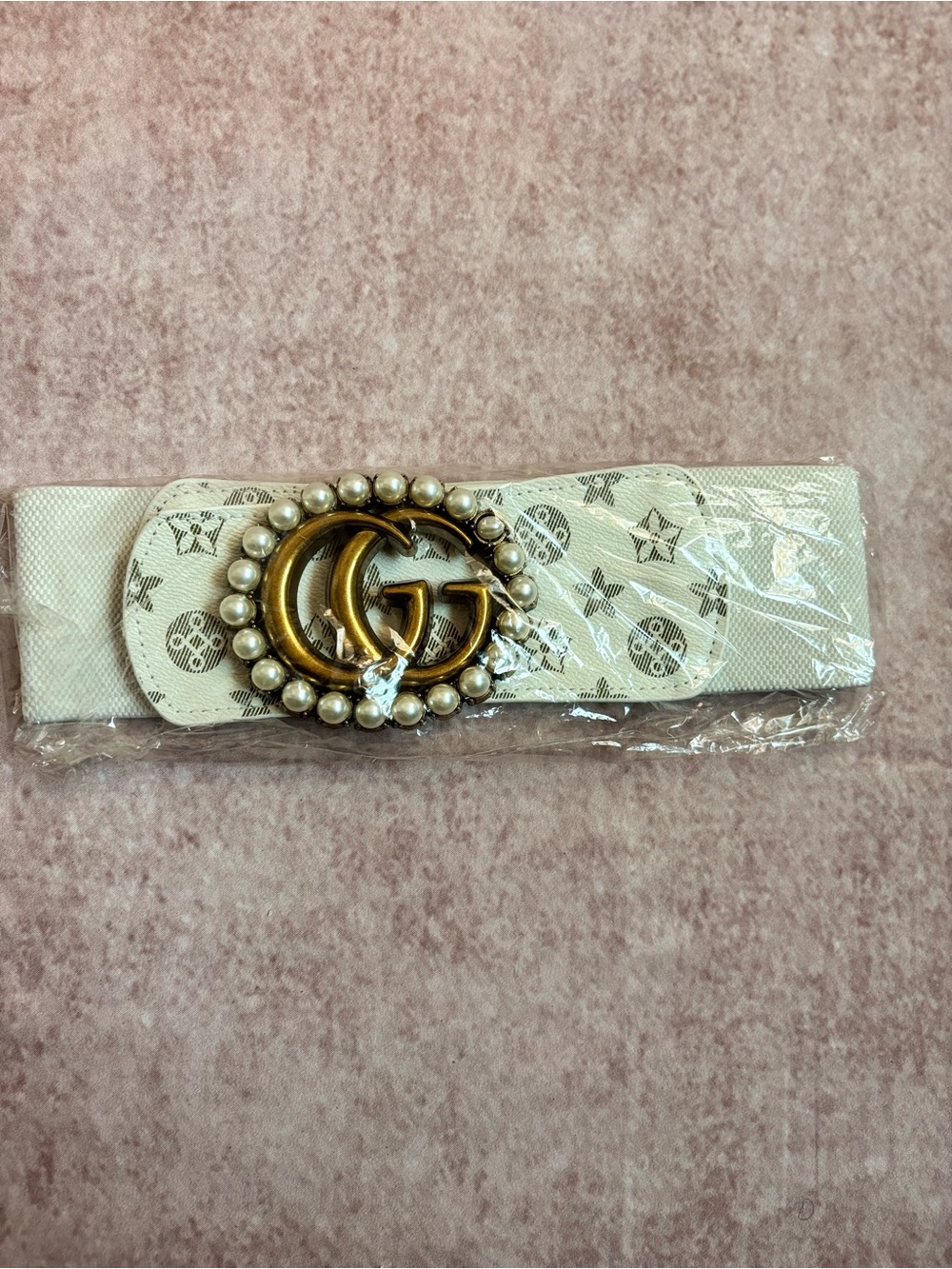 One Size Fits Most Pearl-Trim Off-White Designer Inspired Logo-Print Buckle Belt